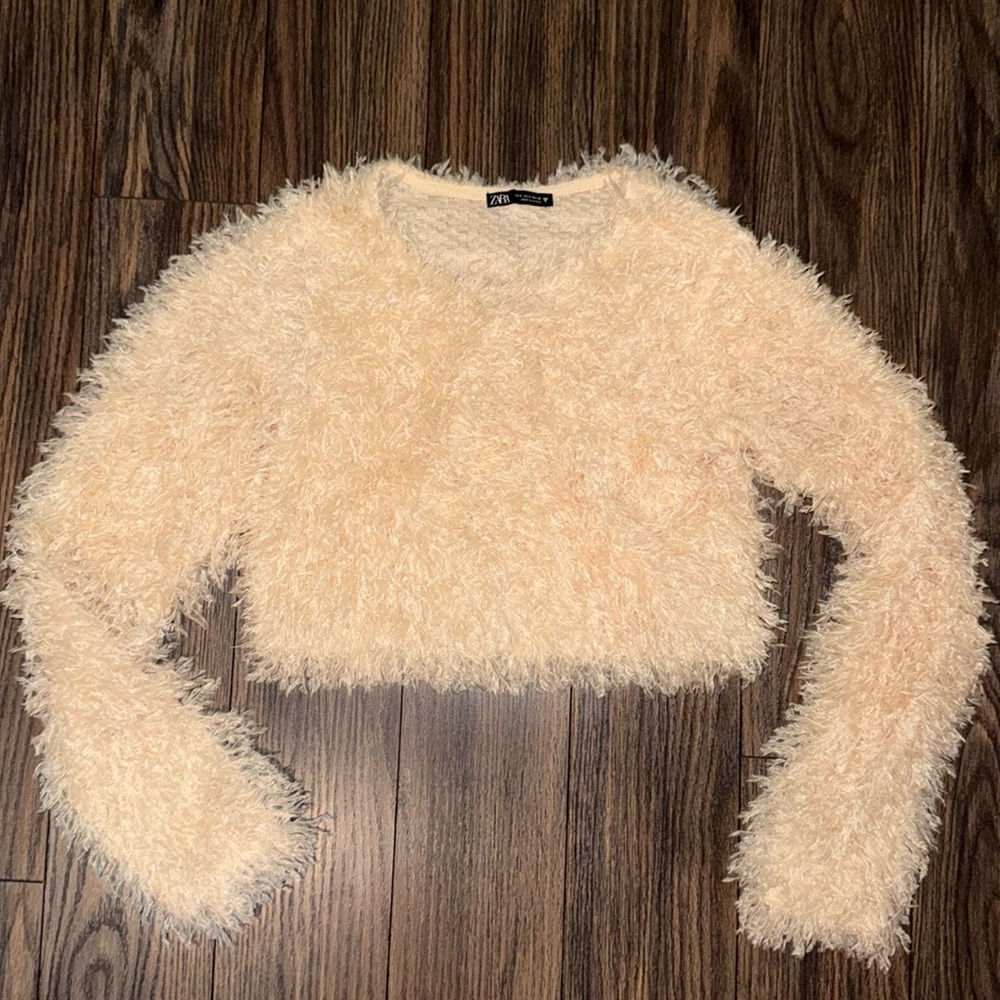Zara Cream Fuzzy Crop Long-Sleeve Top